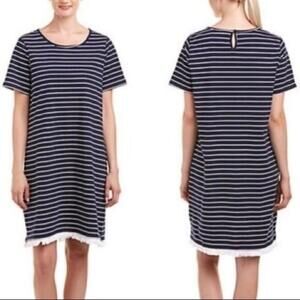 Beachlunchlounge Navy Blue White Nautical‎ Striped Fringe Shirt Dress Cover Up L